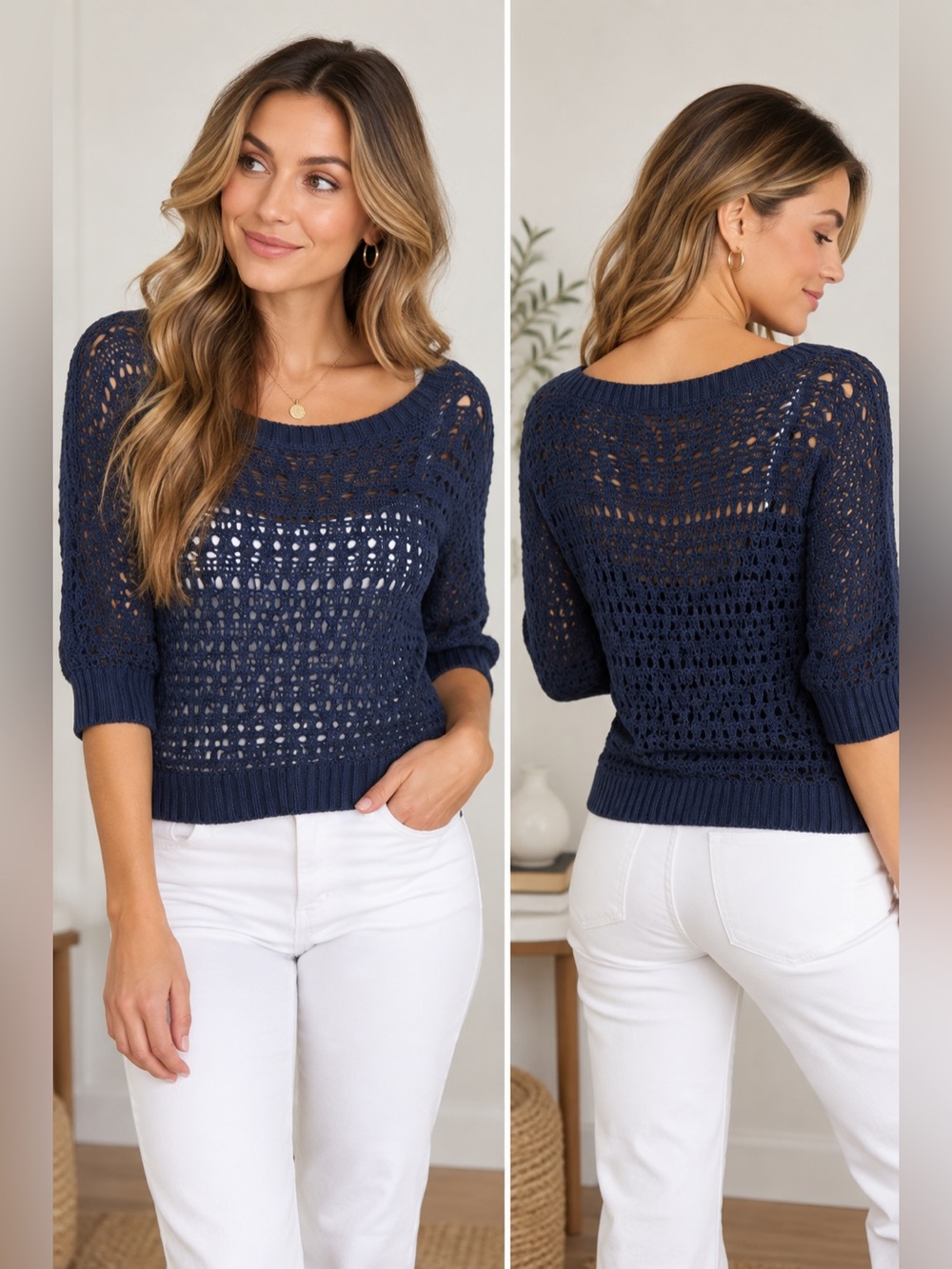 White House Black Market Navy Open Knit Crochet Sweater Size Medium